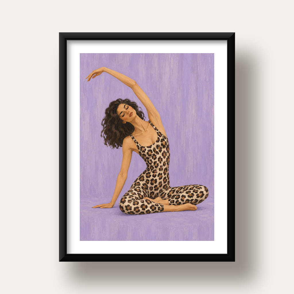 Lila Leopar Desenli Yoga Yapan Kadın Poster — siyah derin çerçeveli paspartulu