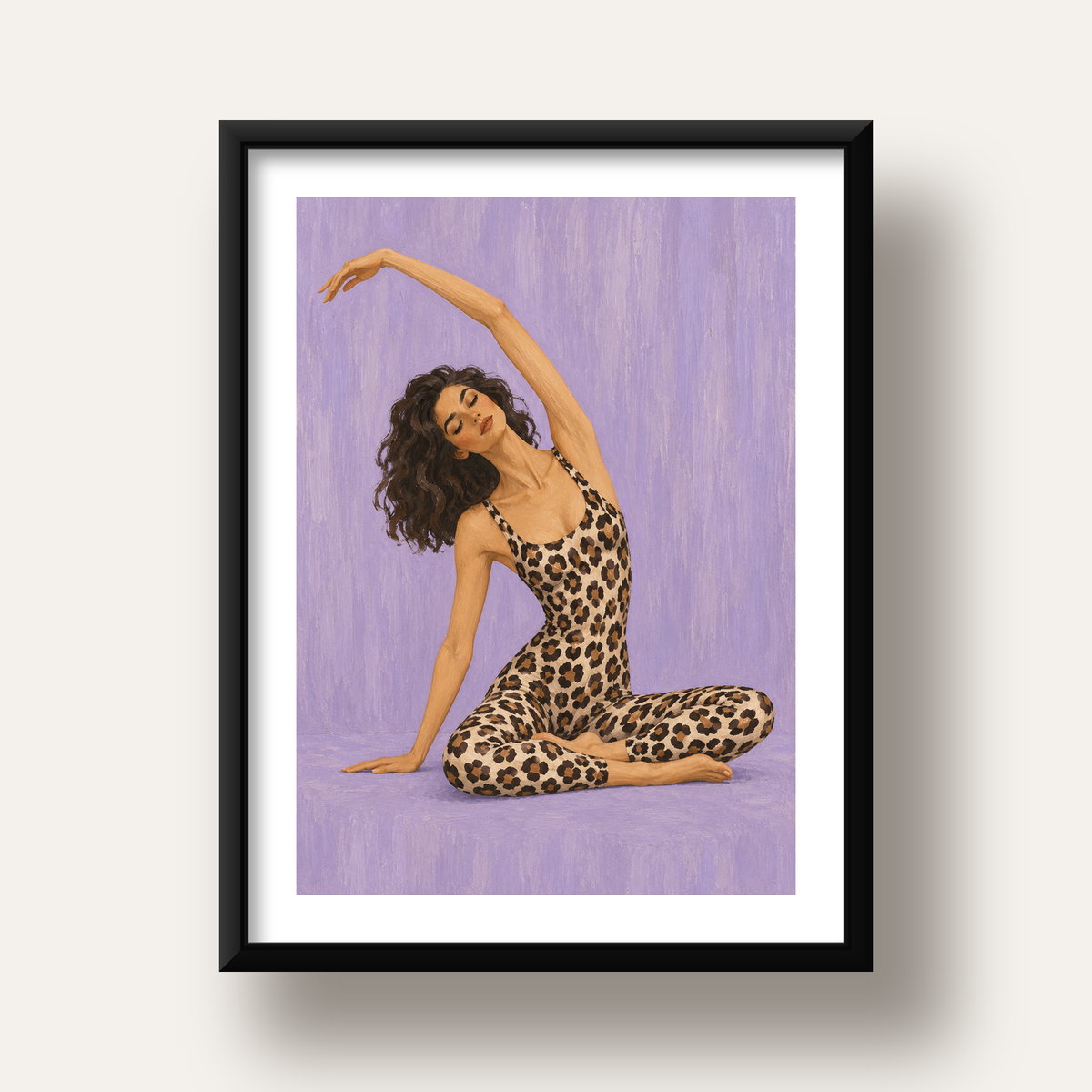 Lila Leopar Desenli Yoga Yapan Kadın Poster — siyah derin çerçeveli paspartulu