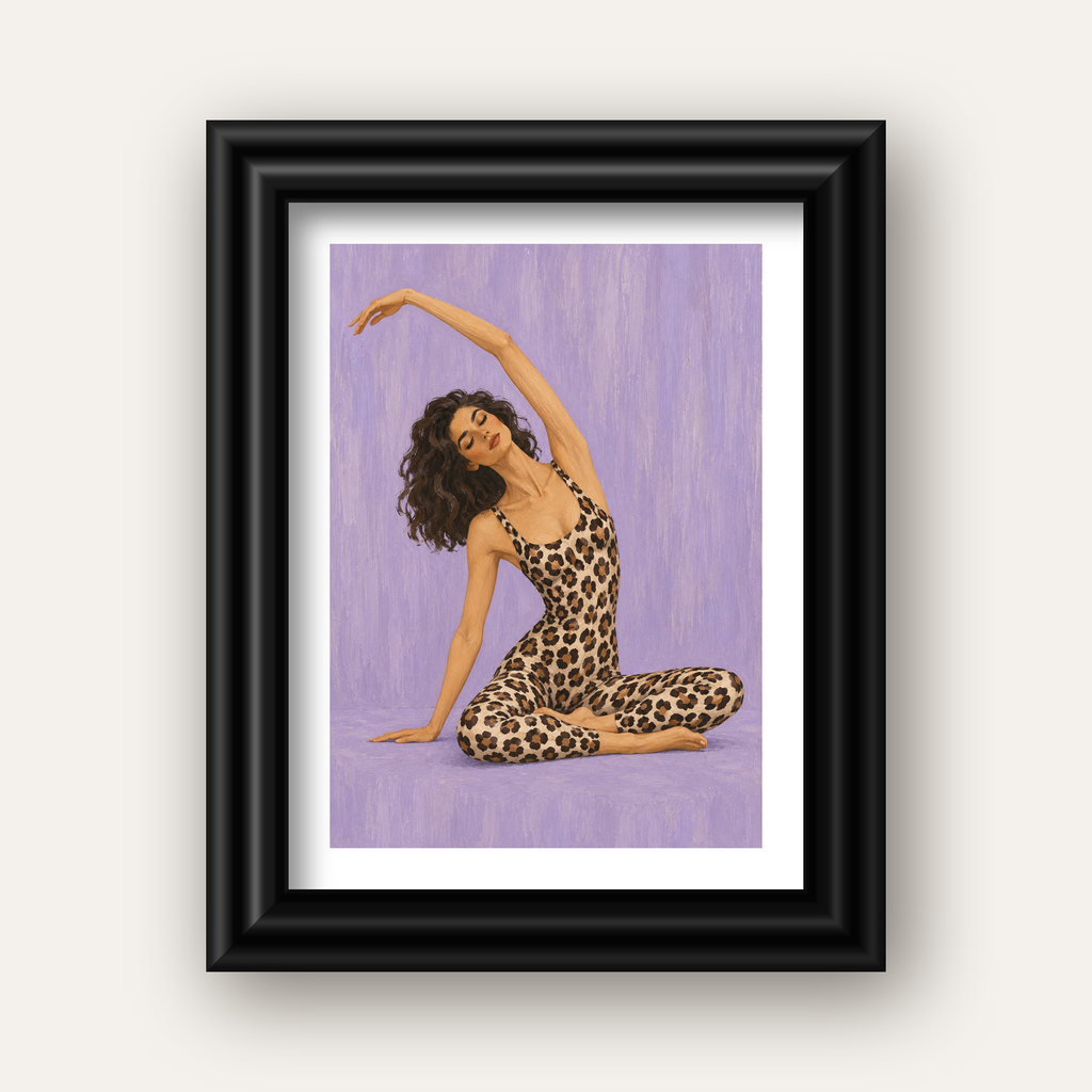 Lila Leopar Desenli Yoga Yapan Kadın Poster — siyah galeri çerçeveli paspartulu
