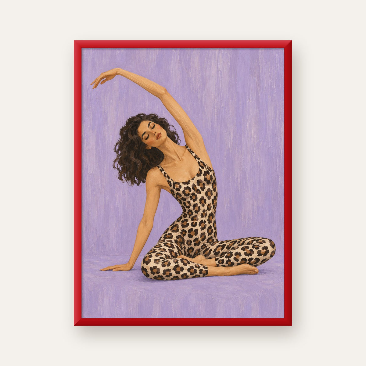 Lila Leopar Desenli Yoga Yapan Kadın Poster — kırmızı çerçeveli