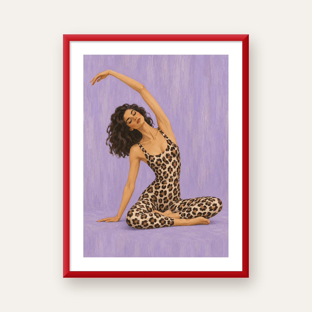 Lila Leopar Desenli Yoga Yapan Kadın Poster — kırmızı çerçeveli paspartulu