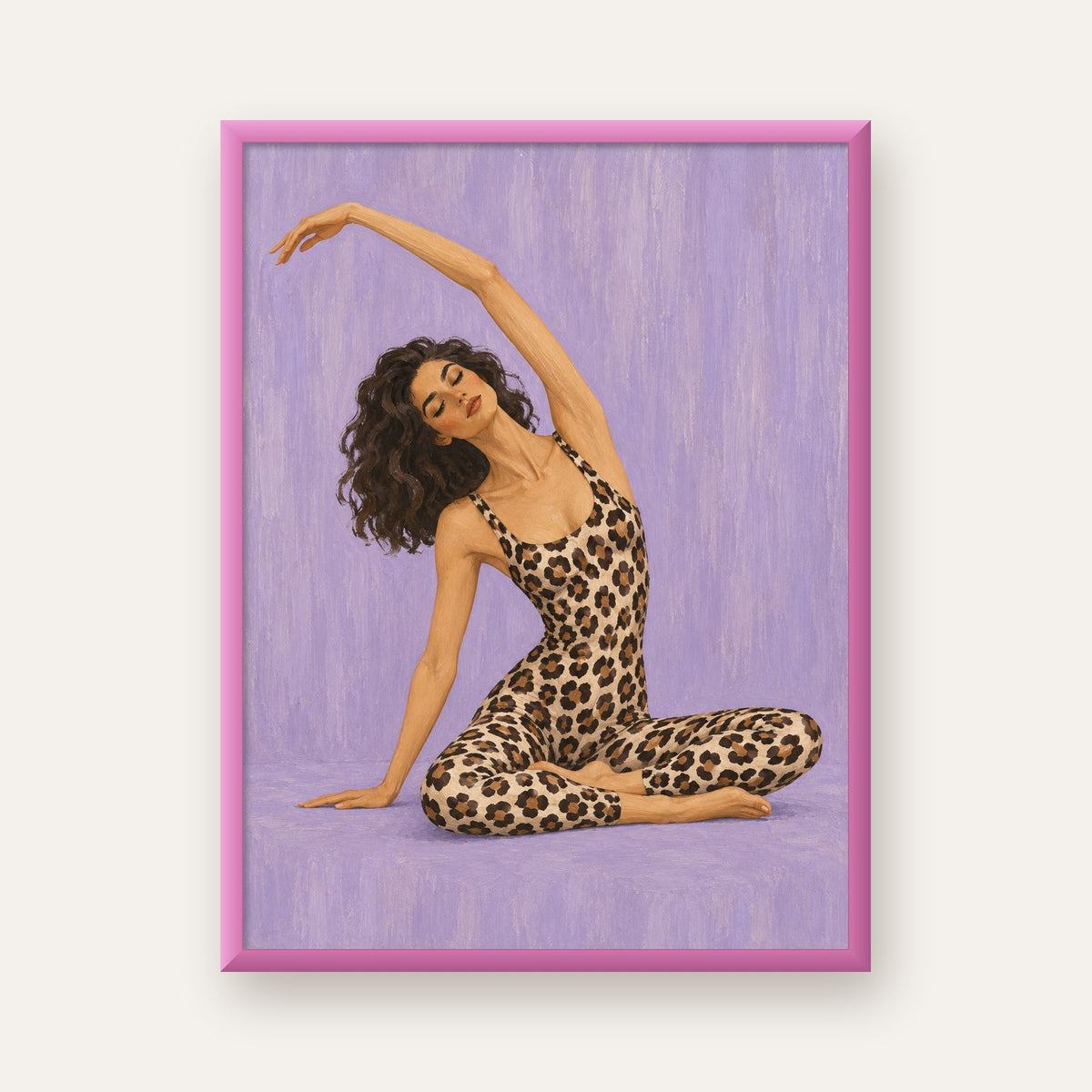 Lila Leopar Desenli Yoga Yapan Kadın Poster — pembe çerçeveli