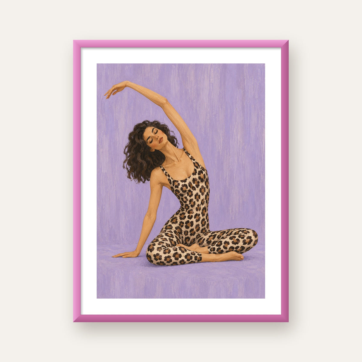Lila Leopar Desenli Yoga Yapan Kadın Poster — pembe çerçeveli paspartulu