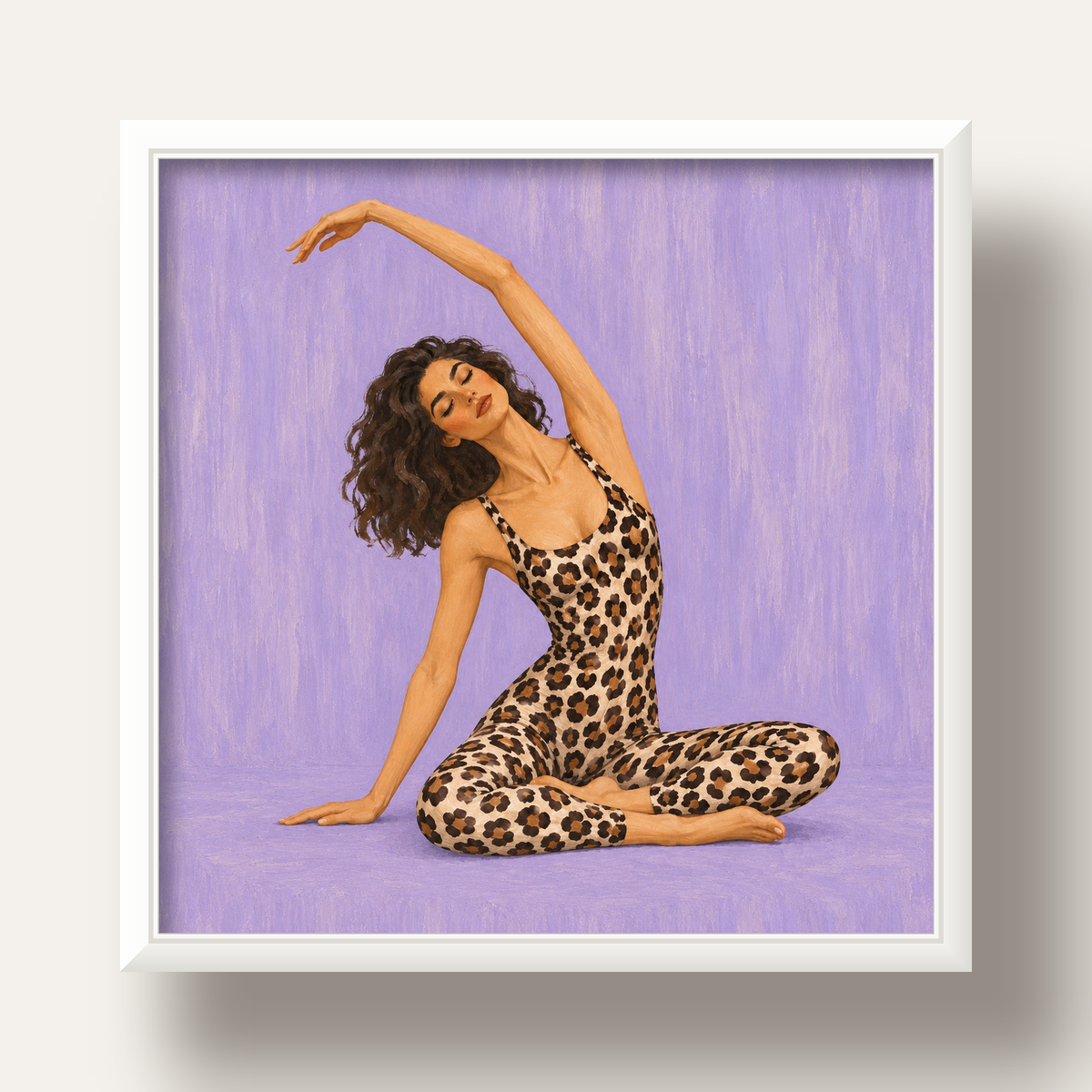 Lila Leopar Desenli Yoga Yapan Kadın Poster — beyaz derin çerçeveli