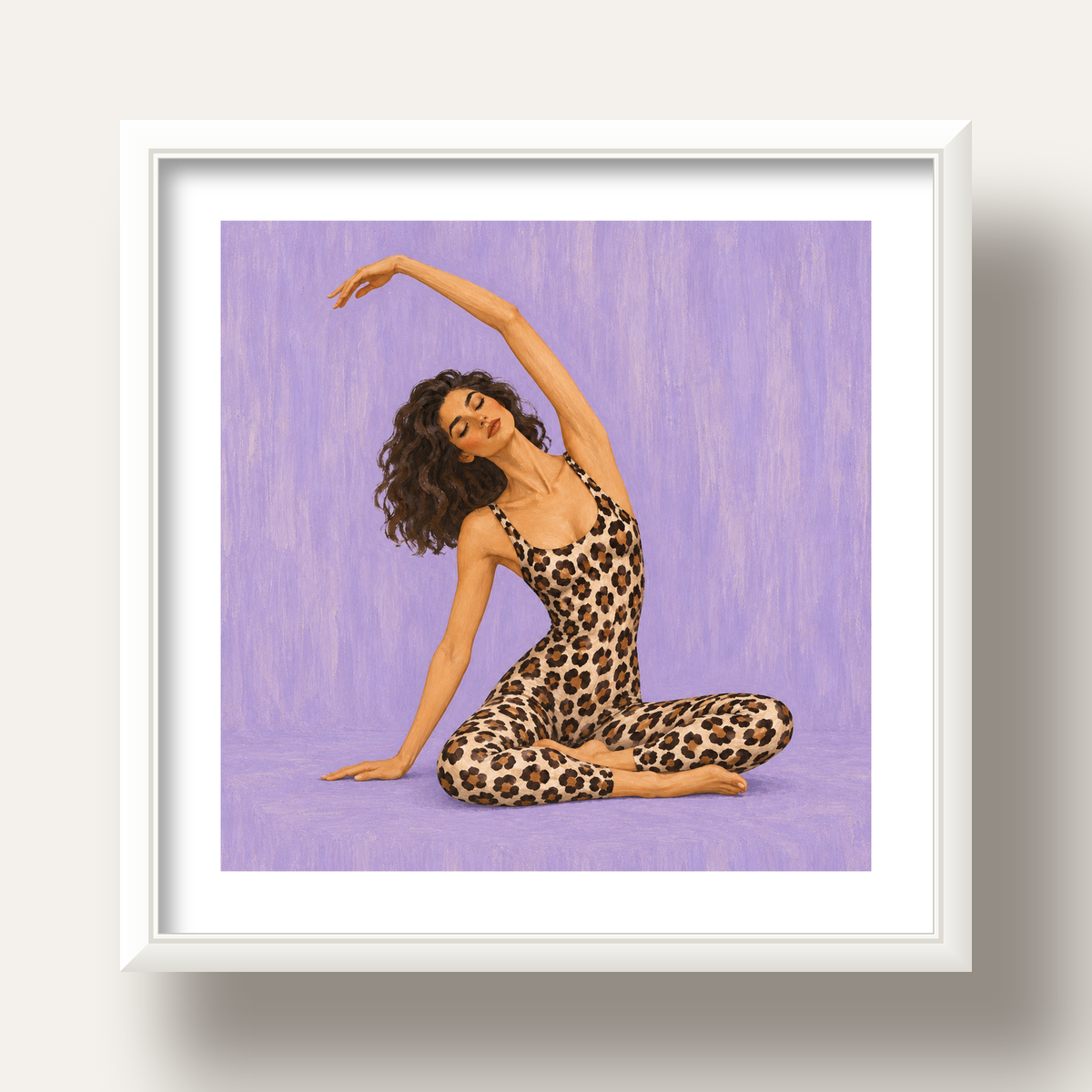 Lila Leopar Desenli Yoga Yapan Kadın Poster — beyaz derin çerçeveli paspartulu