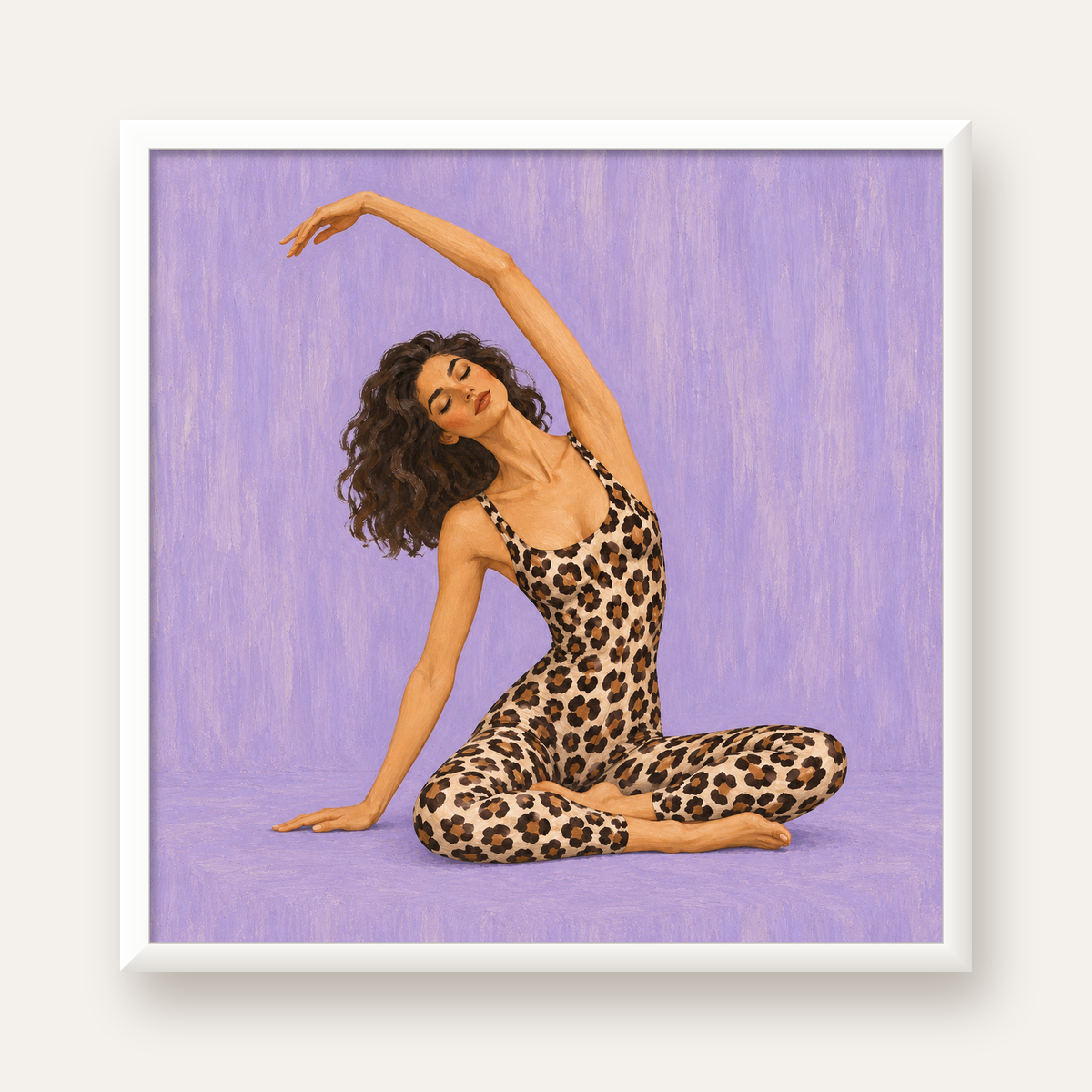 Lila Leopar Desenli Yoga Yapan Kadın Poster — beyaz çerçeveli kare poster