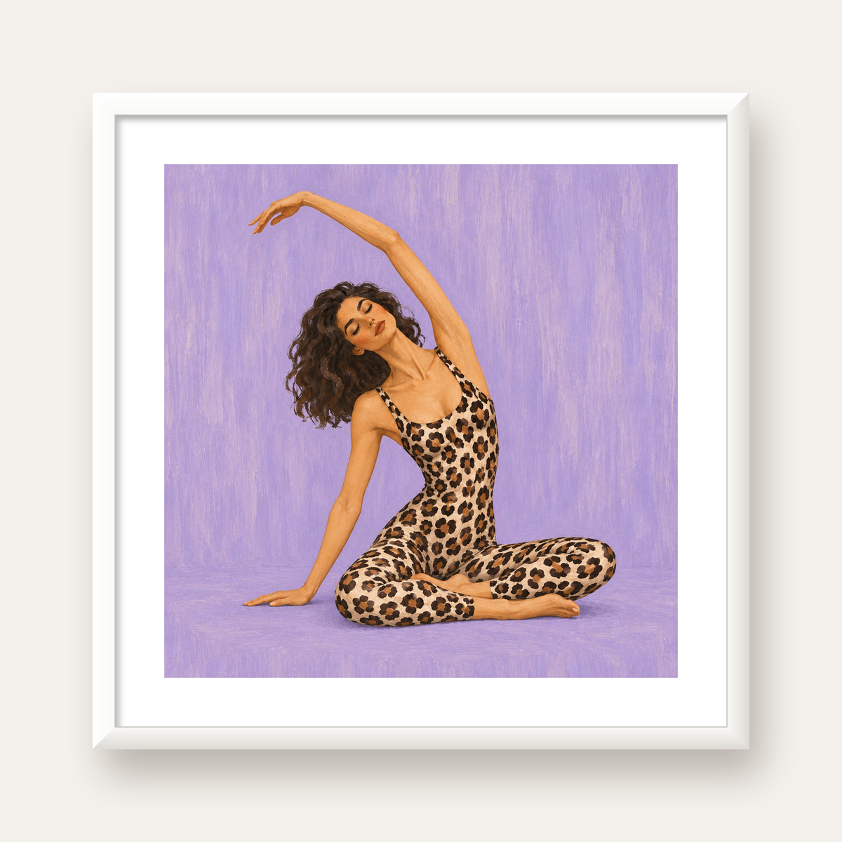 Lila Leopar Desenli Yoga Yapan Kadın Poster — beyaz çerçeveli kare poster