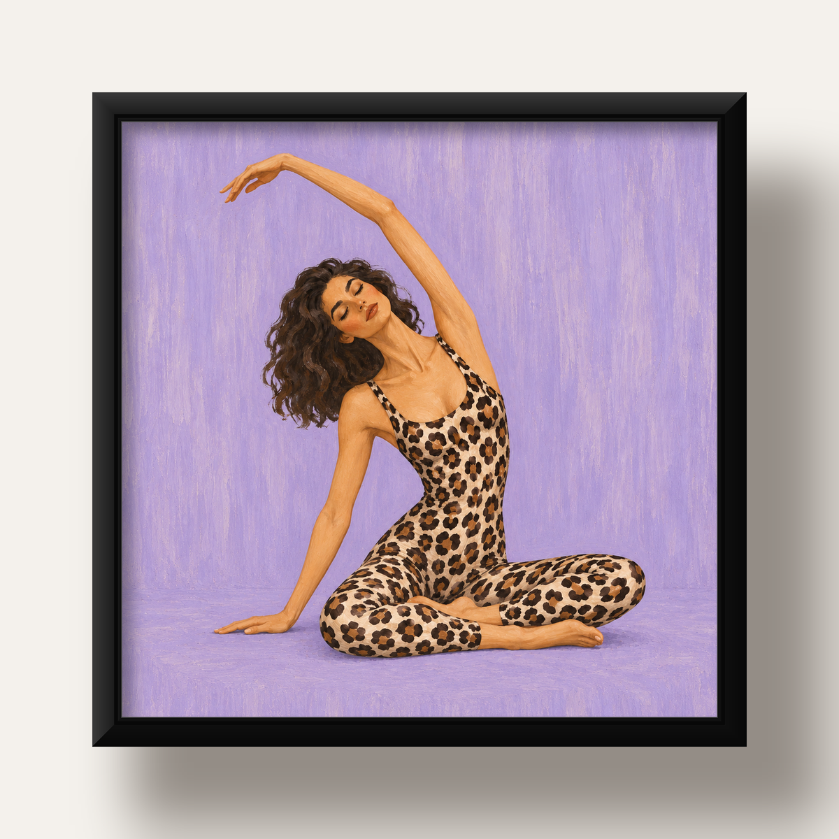 Lila Leopar Desenli Yoga Yapan Kadın Poster — siyah derin çerçeveli