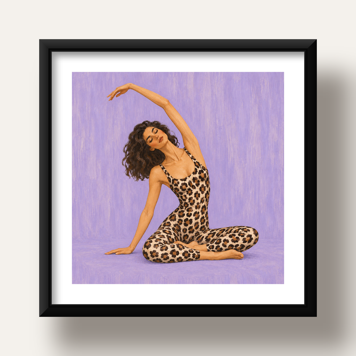 Lila Leopar Desenli Yoga Yapan Kadın Poster — siyah derin çerçeveli paspartulu