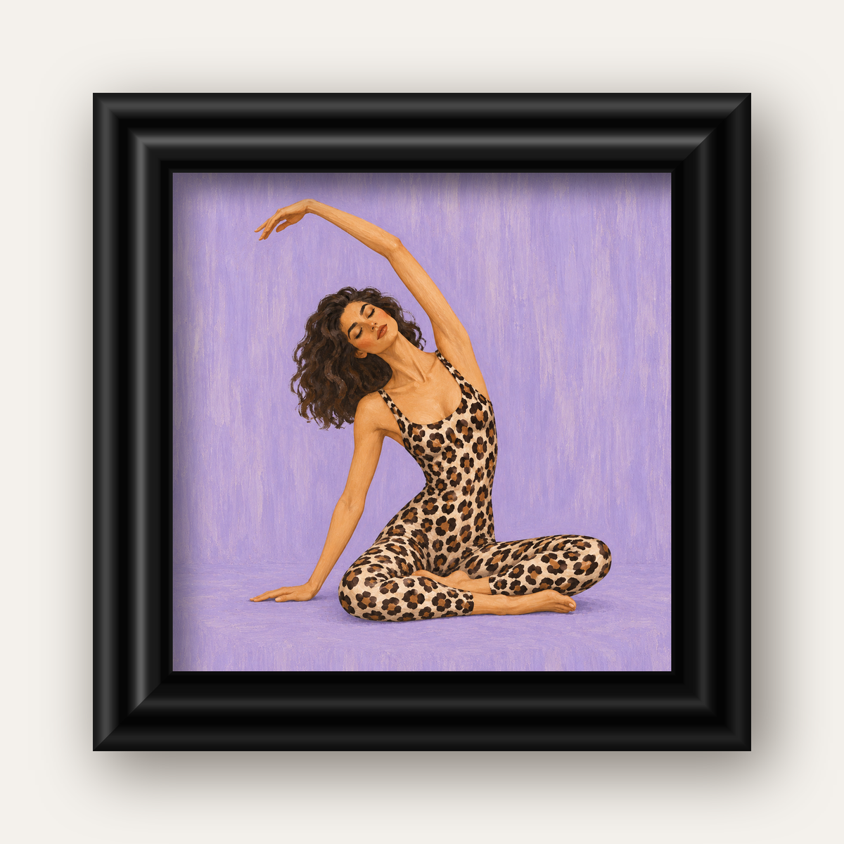 Lila Leopar Desenli Yoga Yapan Kadın Poster — siyah galeri çerçeveli