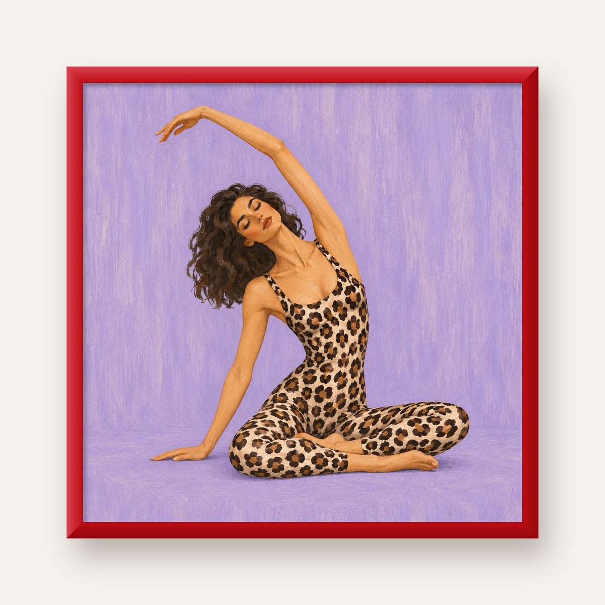 Lila Leopar Desenli Yoga Yapan Kadın Poster — kırmızı çerçeveli