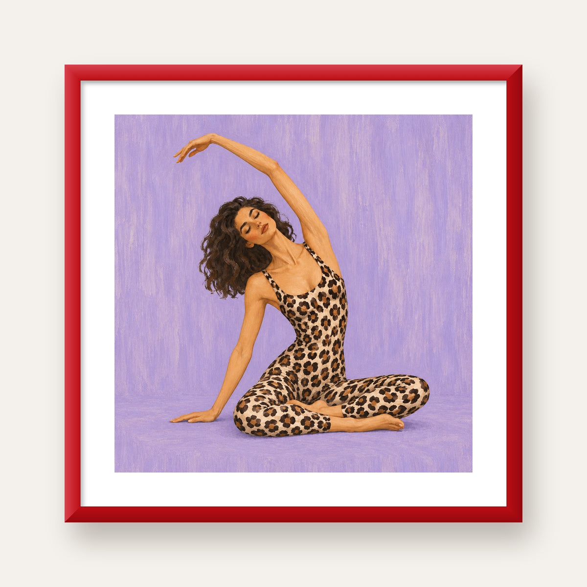 Lila Leopar Desenli Yoga Yapan Kadın Poster — kırmızı çerçeveli paspartulu