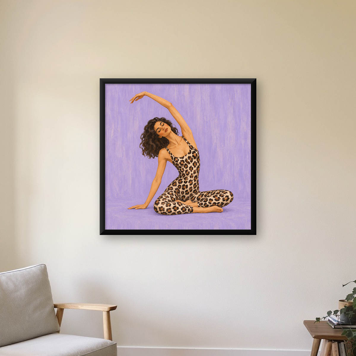 Leopar Desenli Modern Kadın Figürü Yağlı Boya Poster — Kare baskı, çerçeveli hâliyle bir ev duvarında