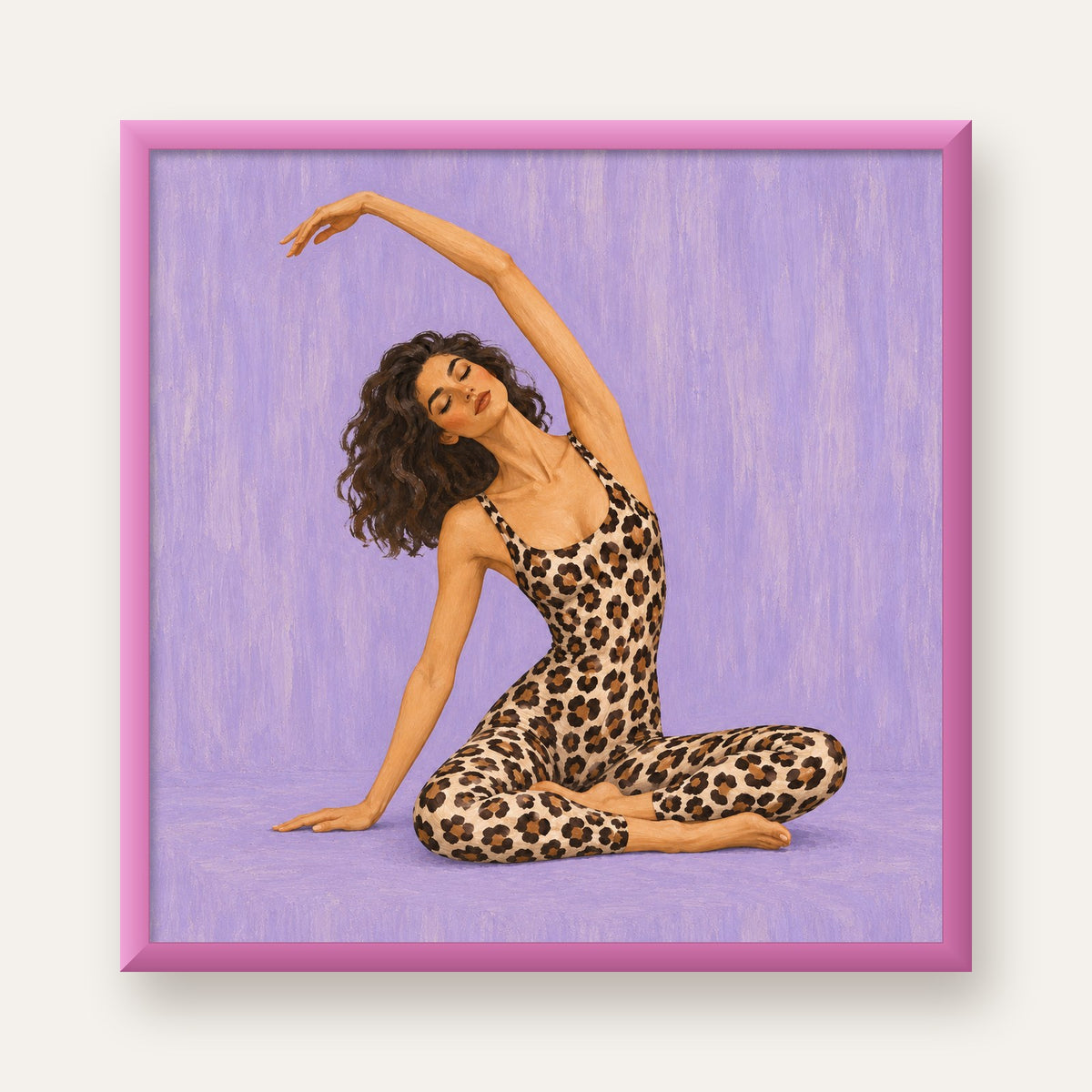 Lila Leopar Desenli Yoga Yapan Kadın Poster — pembe çerçeveli