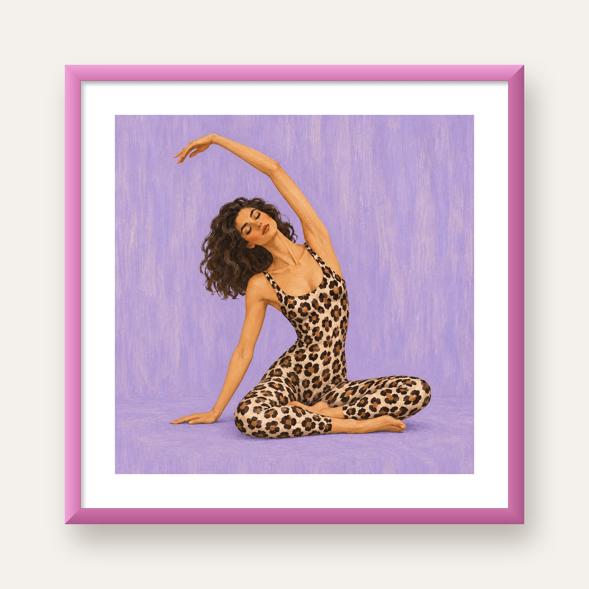 Lila Leopar Desenli Yoga Yapan Kadın Poster — pembe çerçeveli paspartulu