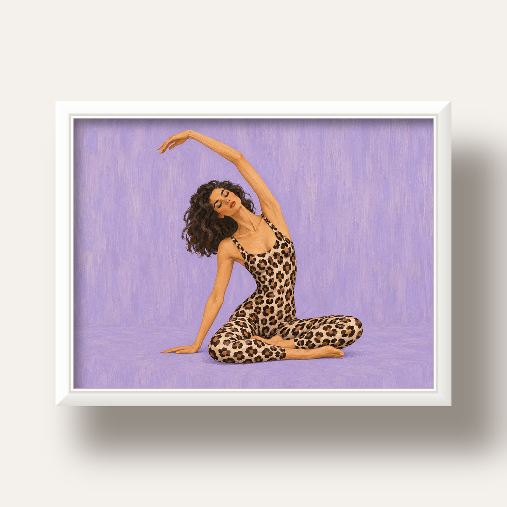 Lila Leopar Desenli Yoga Yapan Kadın Poster — beyaz derin çerçeveli
