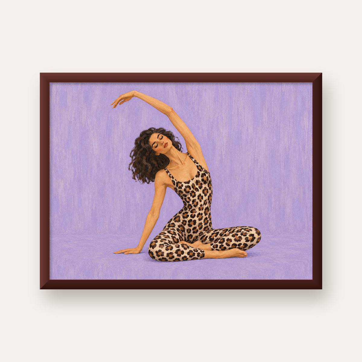 Lila Leopar Desenli Yoga Yapan Kadın Poster — ceviz çerçeveli