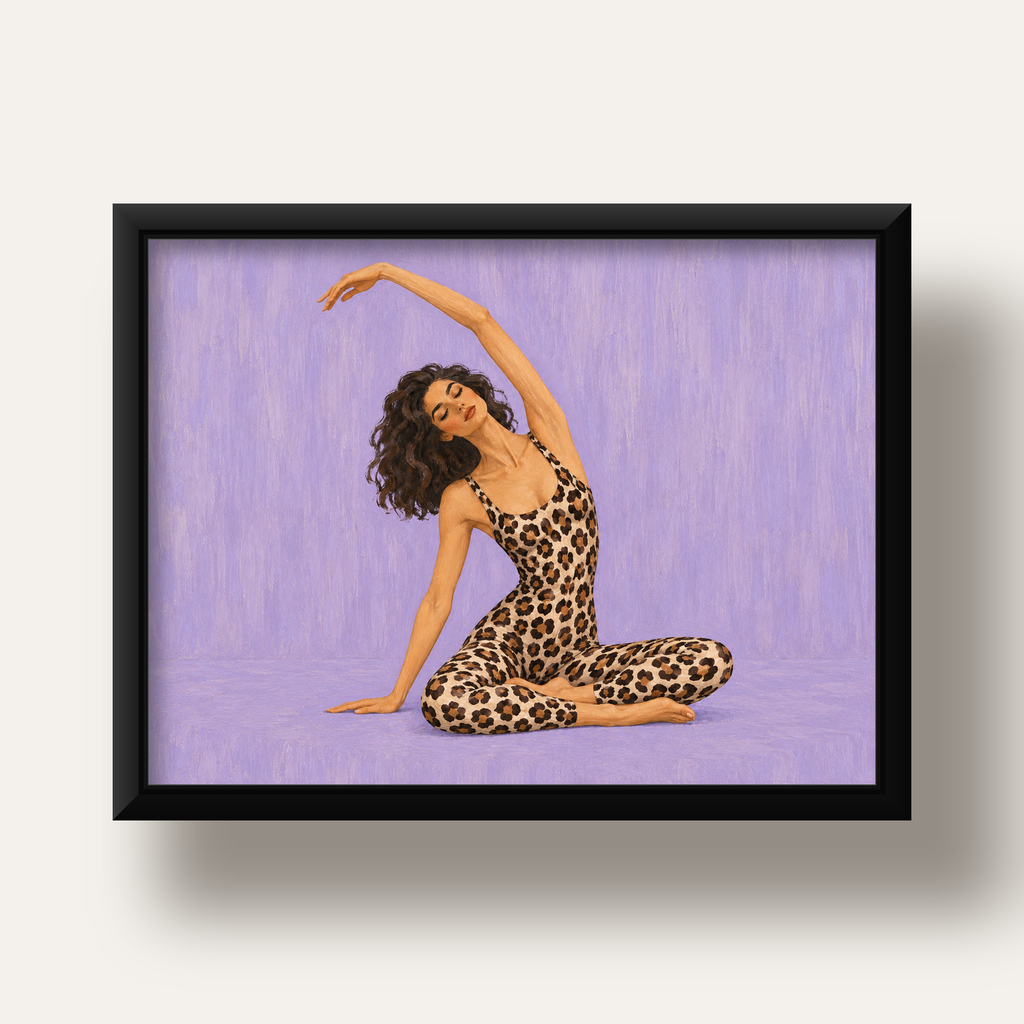 Lila Leopar Desenli Yoga Yapan Kadın Poster — siyah derin çerçeveli
