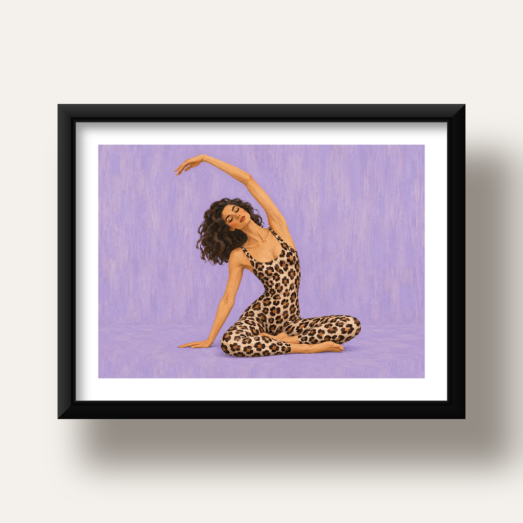 Lila Leopar Desenli Yoga Yapan Kadın Poster — siyah derin çerçeveli paspartulu