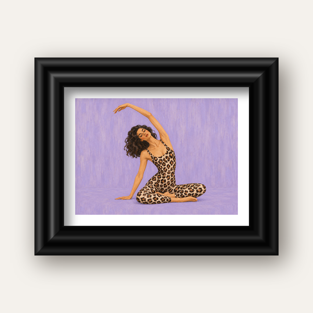 Lila Leopar Desenli Yoga Yapan Kadın Poster — siyah galeri çerçeveli paspartulu