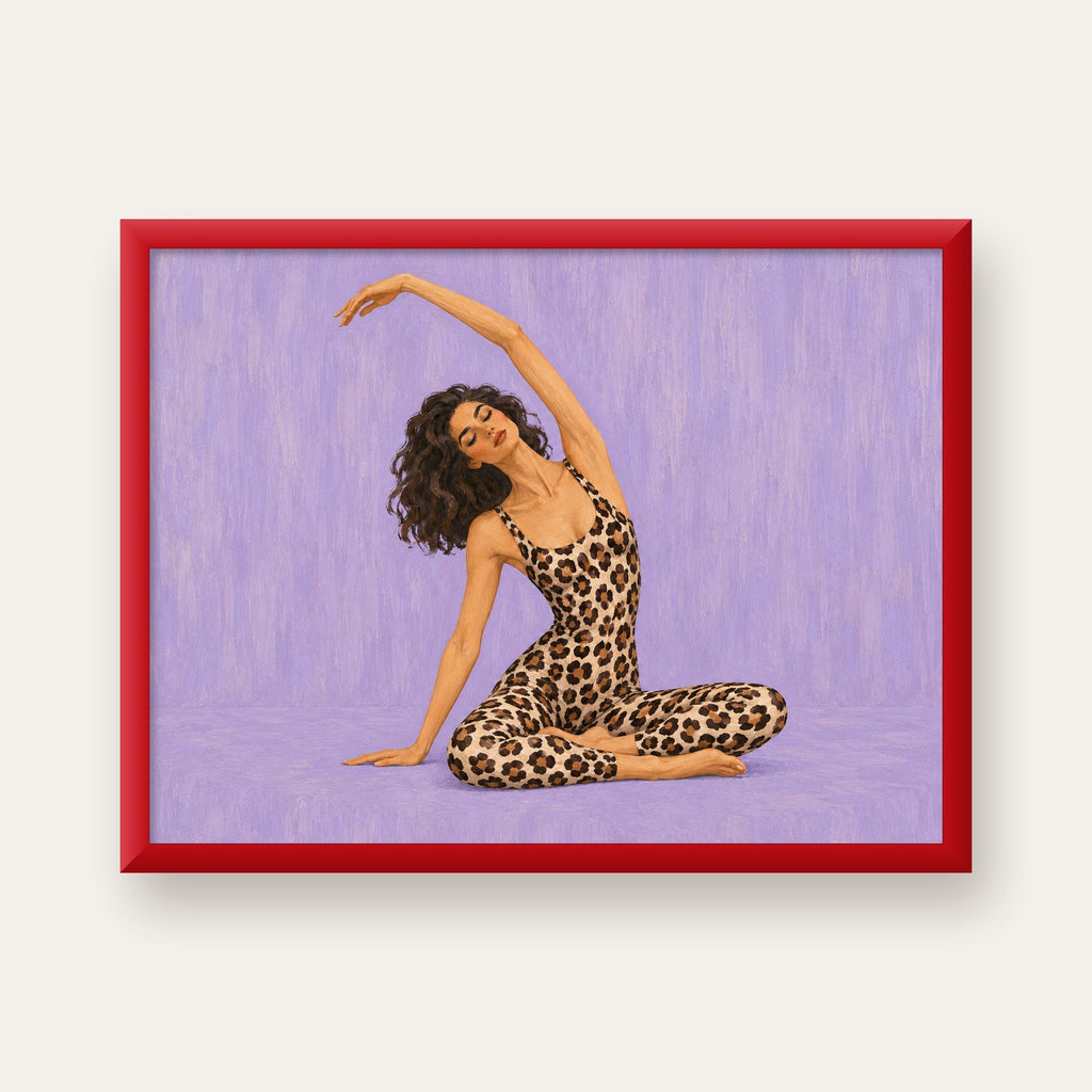 Lila Leopar Desenli Yoga Yapan Kadın Poster — kırmızı çerçeveli