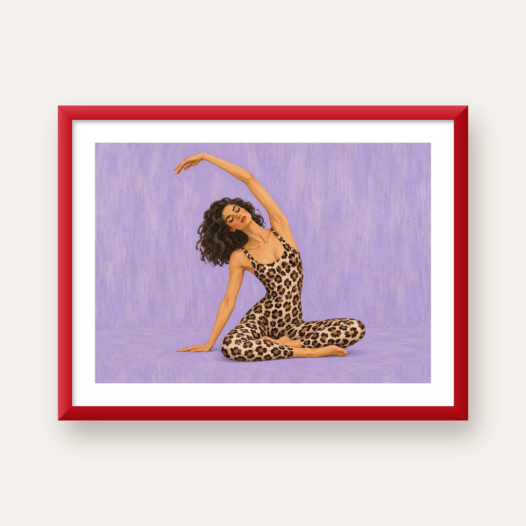 Lila Leopar Desenli Yoga Yapan Kadın Poster — kırmızı çerçeveli paspartulu