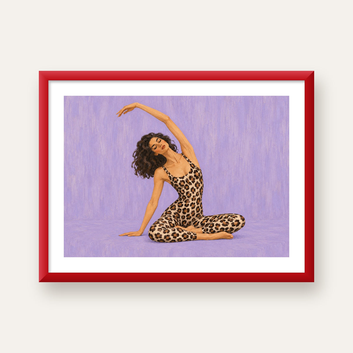 Lila Leopar Desenli Yoga Yapan Kadın Poster — kırmızı çerçeveli paspartulu