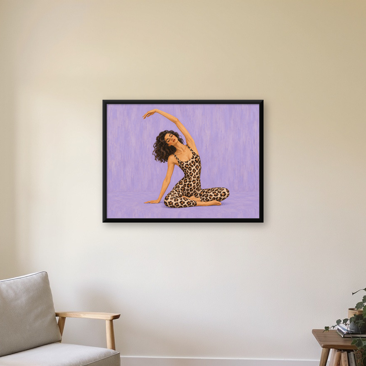 Leopar Desenli Modern Kadın Figürü Yağlı Boya Poster — Yatay baskı, çerçeveli hâliyle bir ev duvarında