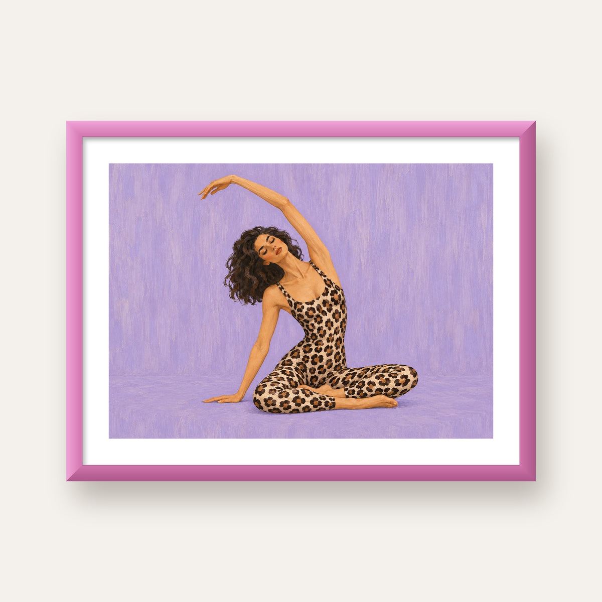 Lila Leopar Desenli Yoga Yapan Kadın Poster — pembe çerçeveli paspartulu