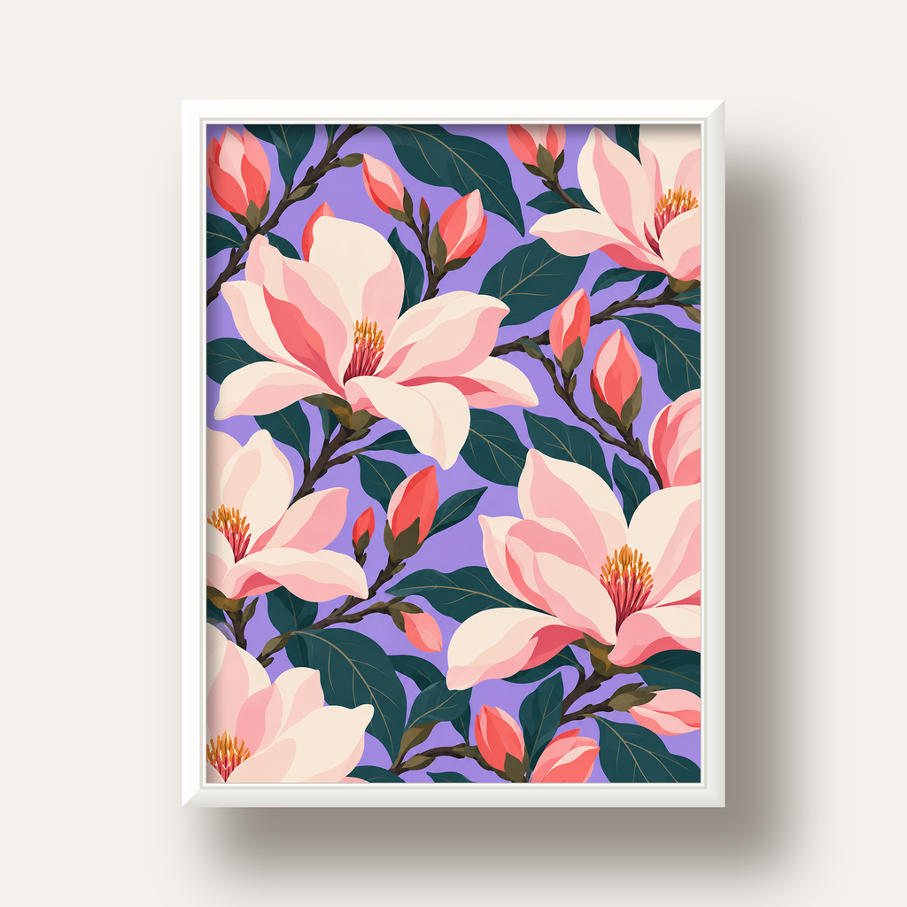 Pembe Magnolya Çiçekleri Dijital Poster - Modern Çiçek Deseni — beyaz derin çerçeveli