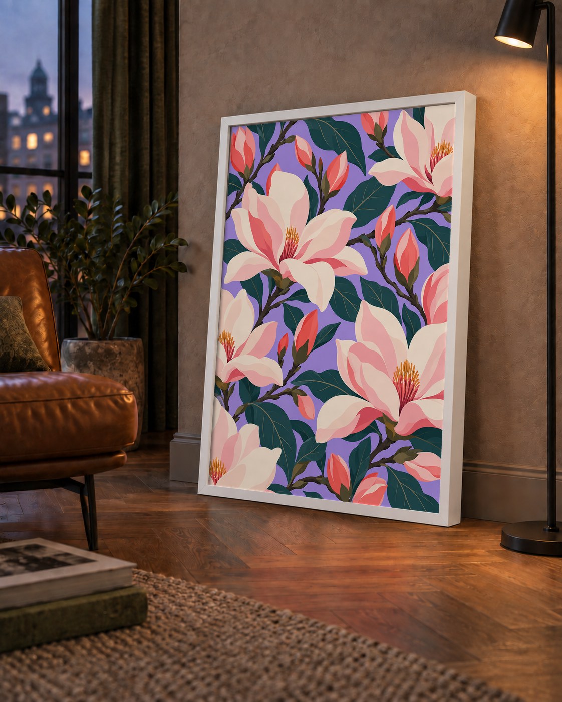 Pembe Magnolya Çiçekleri Dijital Poster - Modern Çiçek Deseni — çerçeveli hâliyle bir ev duvarında