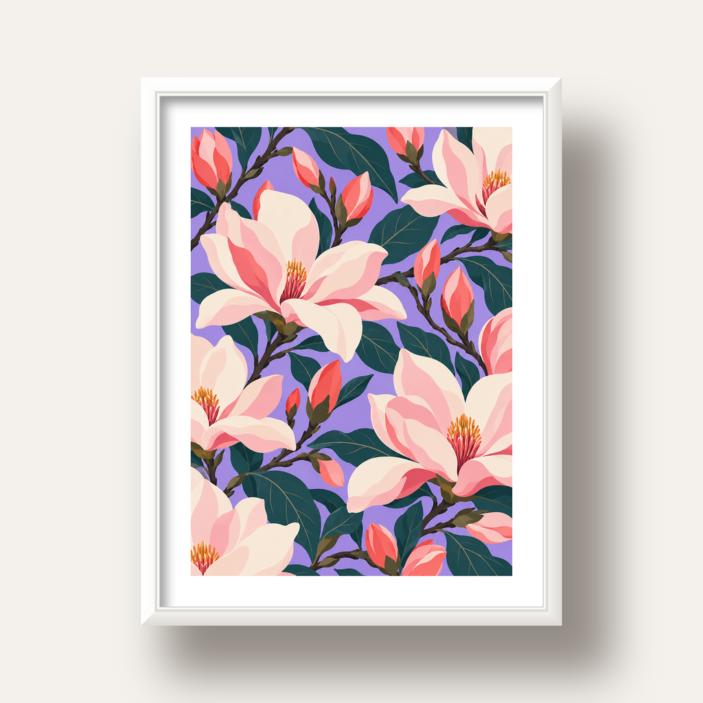 Pembe Magnolya Çiçekleri Dijital Poster - Modern Çiçek Deseni — beyaz derin çerçeveli paspartulu