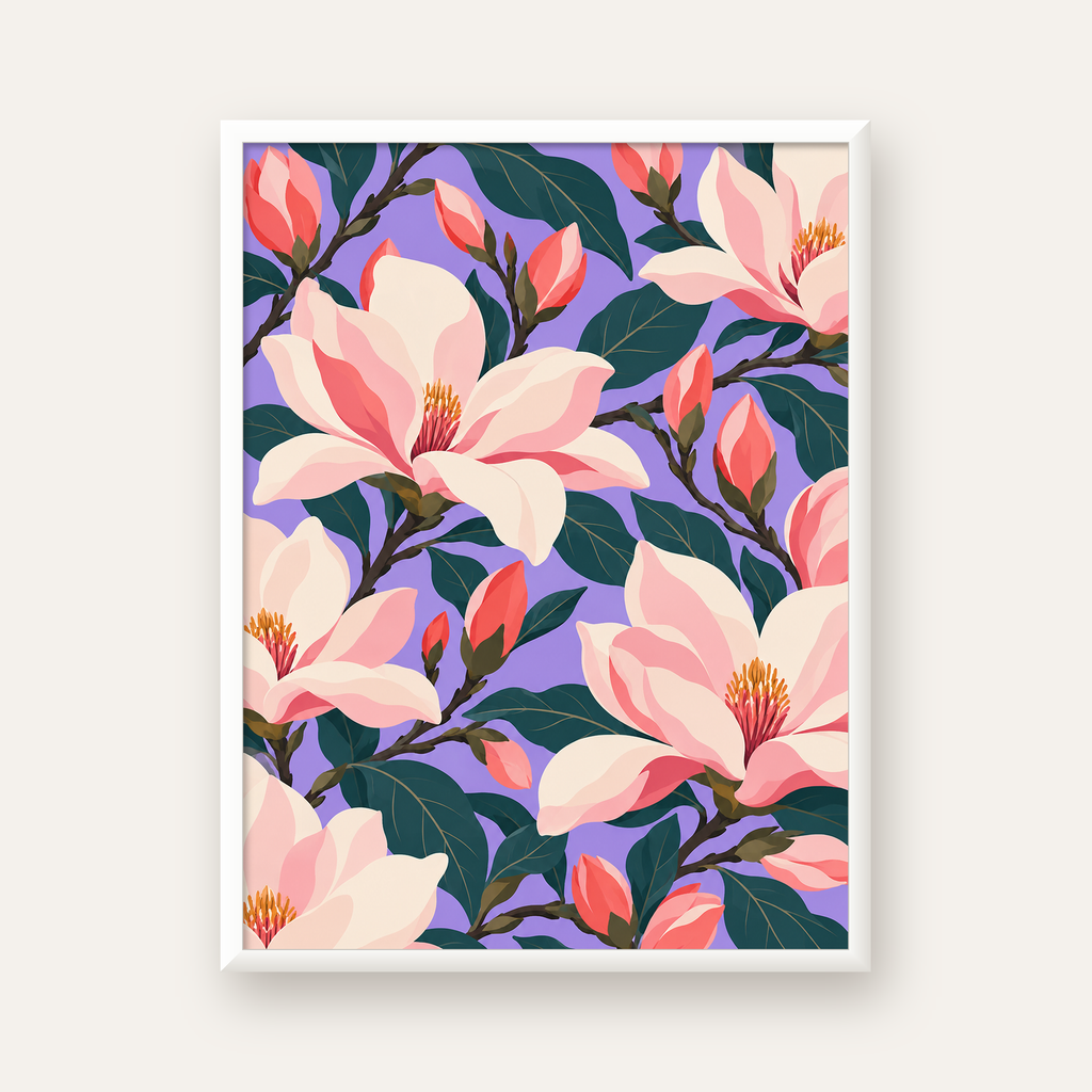 Pembe Magnolya Çiçekleri Dijital Poster - Modern Çiçek Deseni — beyaz çerçeveli dikey poster