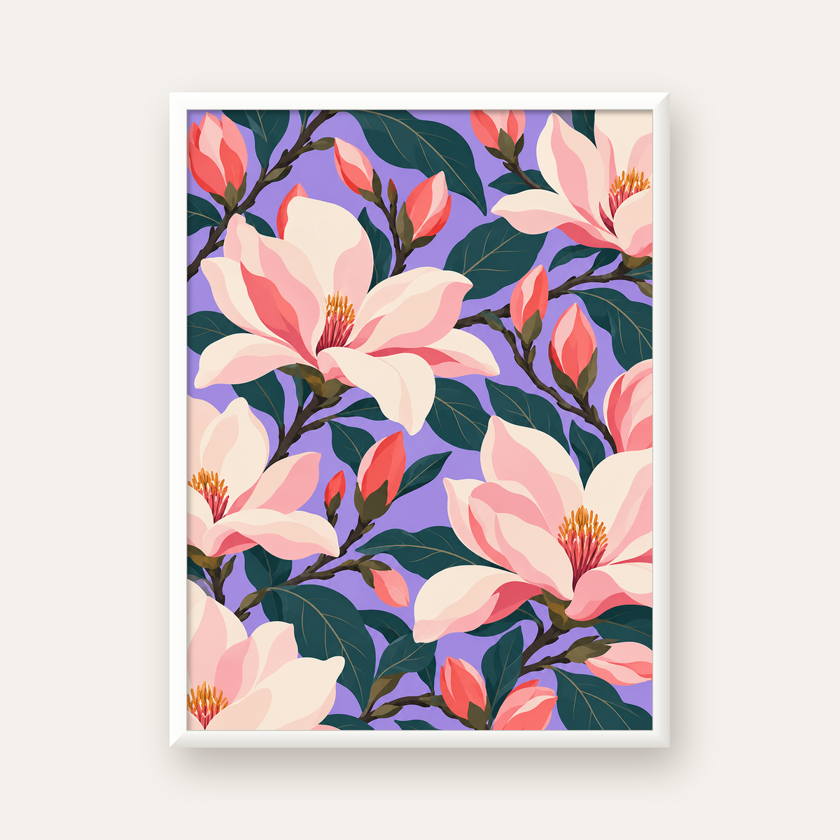 Pembe Magnolya Çiçekleri Dijital Poster - Modern Çiçek Deseni — beyaz çerçeveli dikey poster