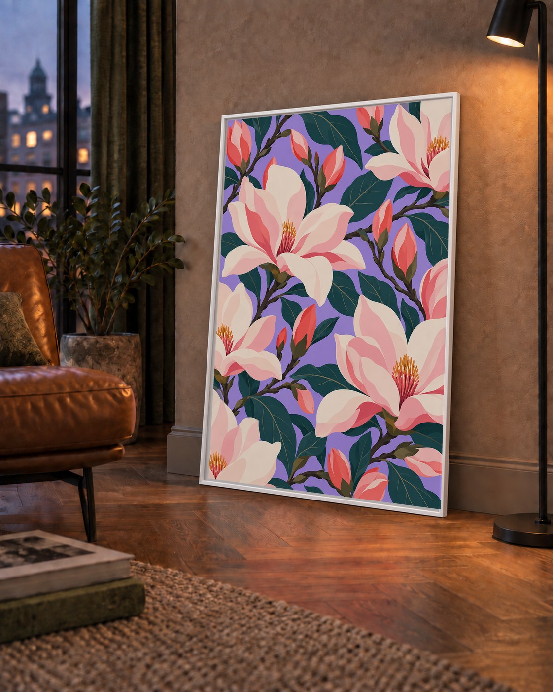 Pembe Magnolya Çiçekleri Dijital Poster - Modern Çiçek Deseni — çerçeveli hâliyle bir ev duvarında