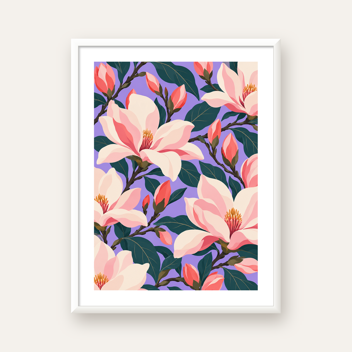Pembe Magnolya Çiçekleri Dijital Poster - Modern Çiçek Deseni — beyaz çerçeveli dikey poster