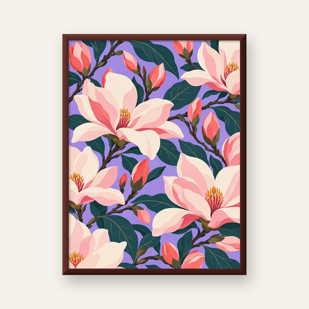 Pembe Magnolya Çiçekleri Dijital Poster - Modern Çiçek Deseni — ceviz çerçeveli