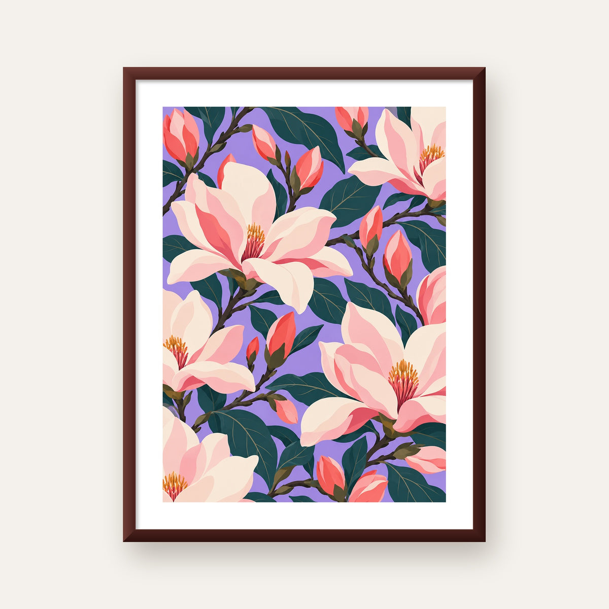 Pembe Magnolya Çiçekleri Dijital Poster - Modern Çiçek Deseni — ceviz çerçeveli paspartulu