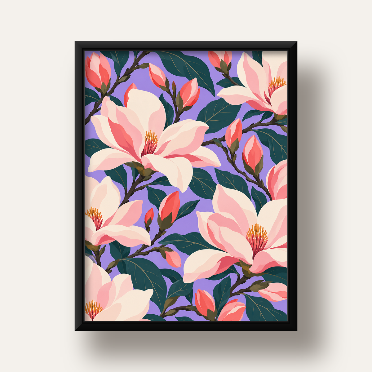 Pembe Magnolya Çiçekleri Dijital Poster - Modern Çiçek Deseni — siyah derin çerçeveli