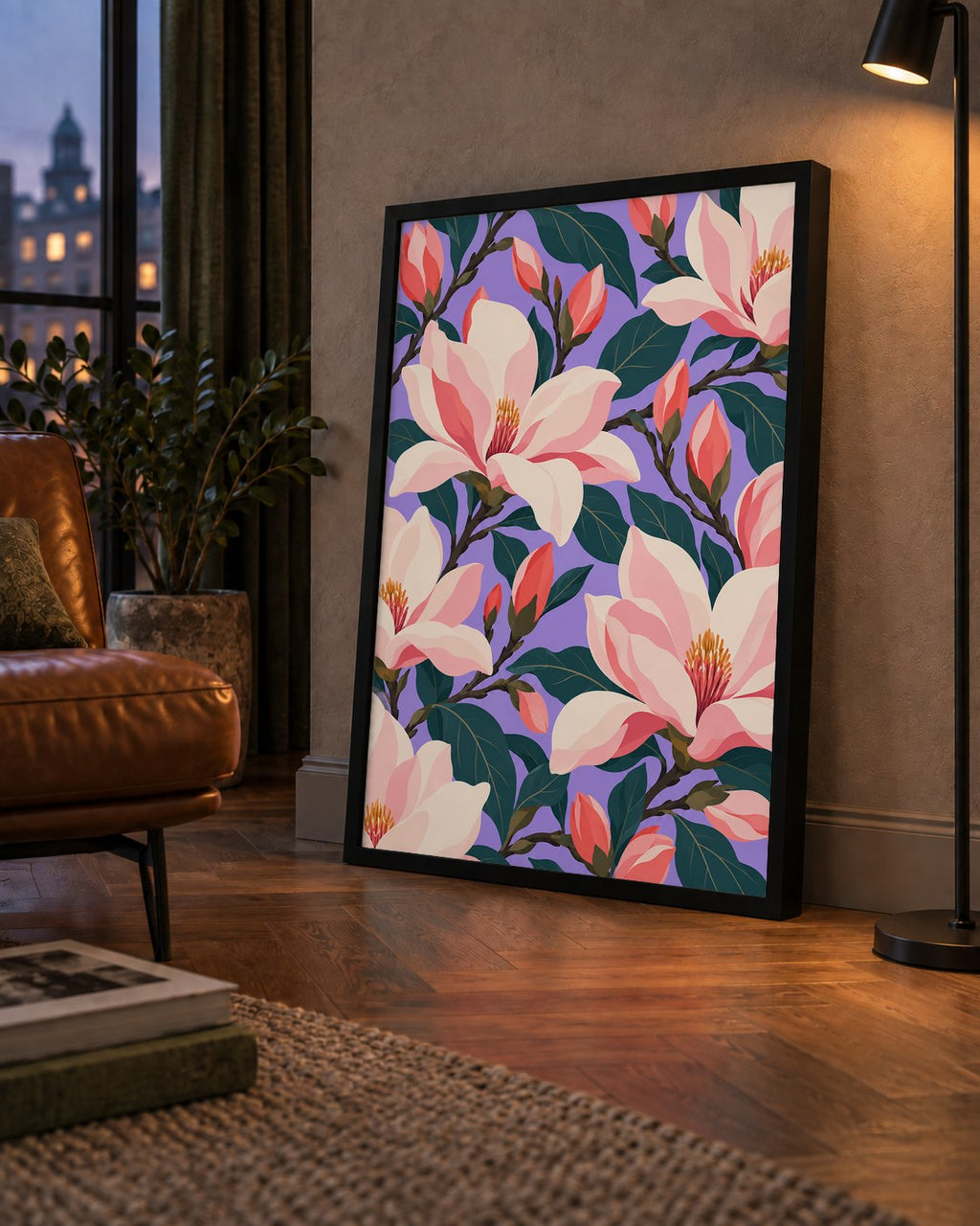 Pembe Magnolya Çiçekleri Dijital Poster - Modern Çiçek Deseni — çerçeveli hâliyle bir ev duvarında