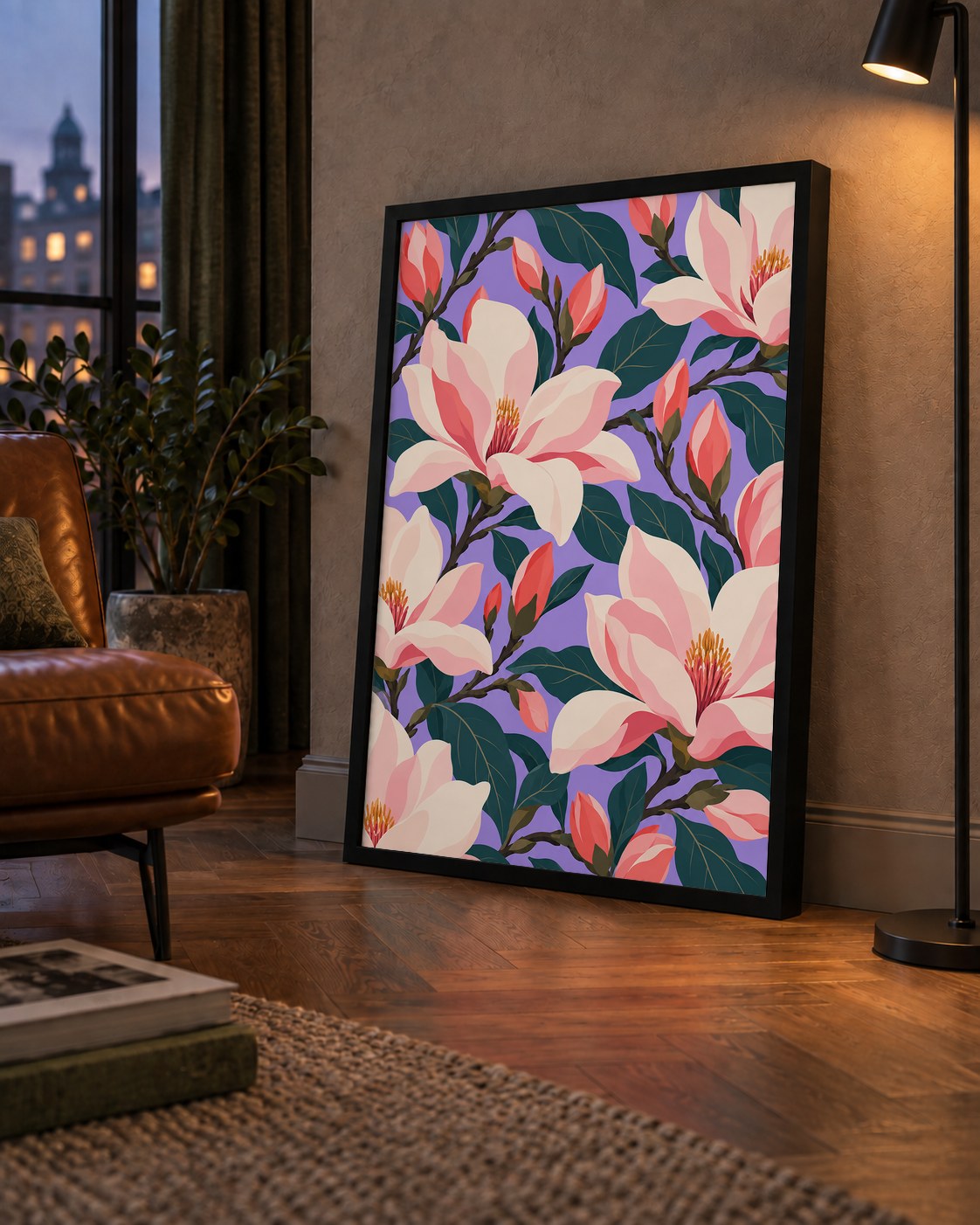 Pembe Magnolya Çiçekleri Dijital Poster - Modern Çiçek Deseni — çerçeveli hâliyle bir ev duvarında