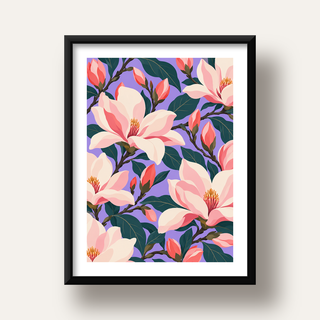 Pembe Magnolya Çiçekleri Dijital Poster - Modern Çiçek Deseni — siyah derin çerçeveli paspartulu