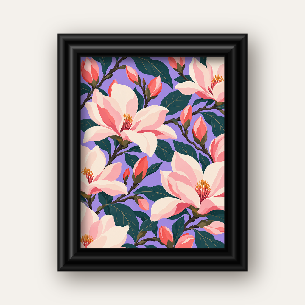 Pembe Magnolya Çiçekleri Dijital Poster - Modern Çiçek Deseni — siyah galeri çerçeveli