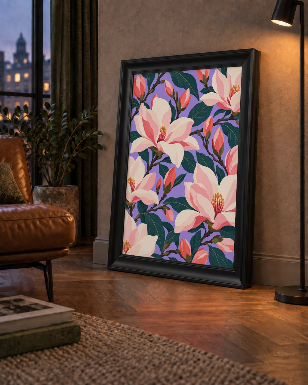 Pembe Magnolya Çiçekleri Dijital Poster - Modern Çiçek Deseni — çerçeveli hâliyle bir ev duvarında