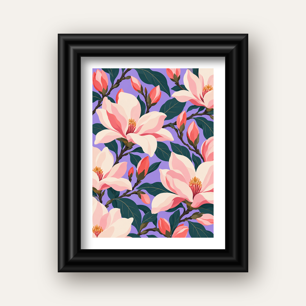 Pembe Magnolya Çiçekleri Dijital Poster - Modern Çiçek Deseni — siyah galeri çerçeveli paspartulu