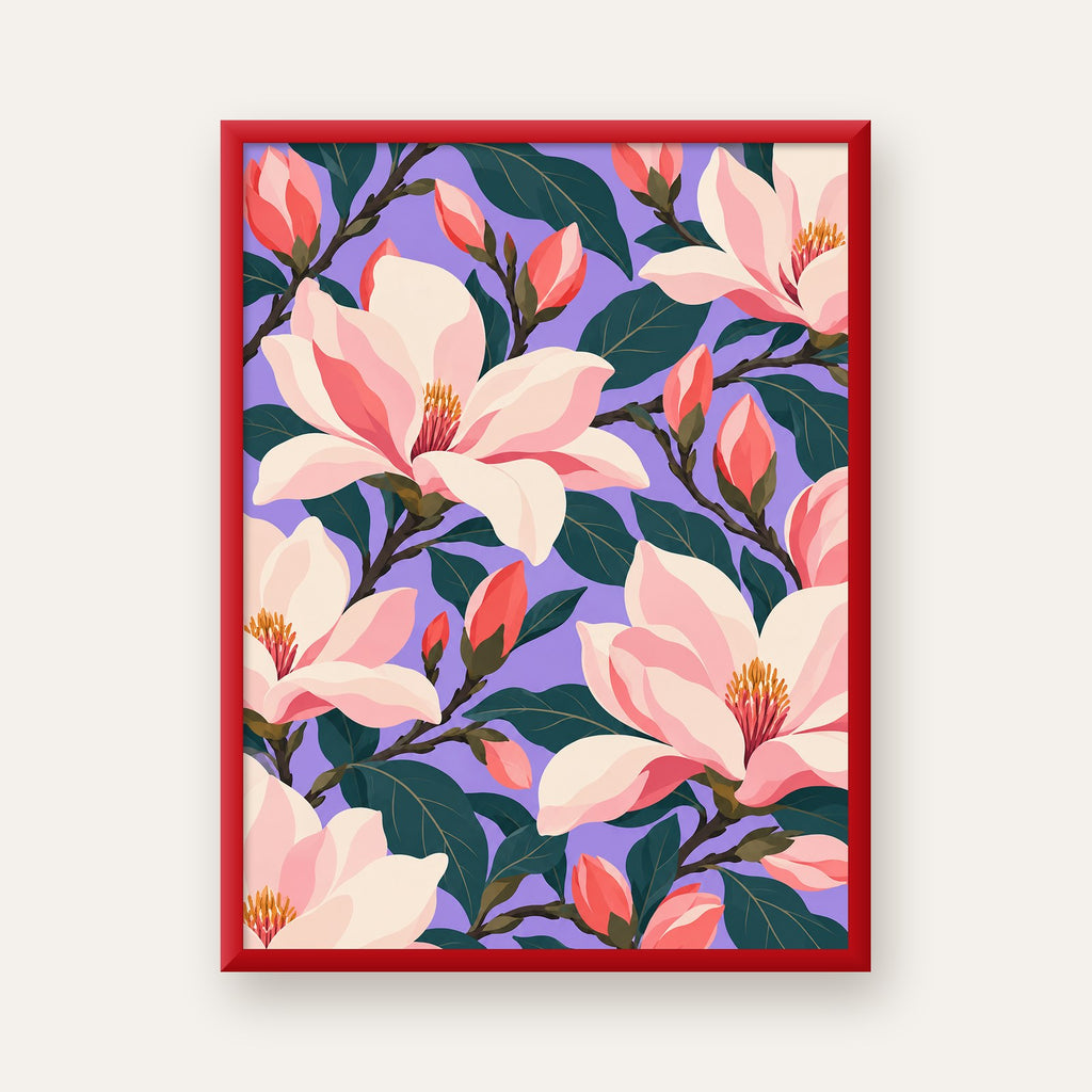 Pembe Magnolya Çiçekleri Dijital Poster - Modern Çiçek Deseni — kırmızı çerçeveli