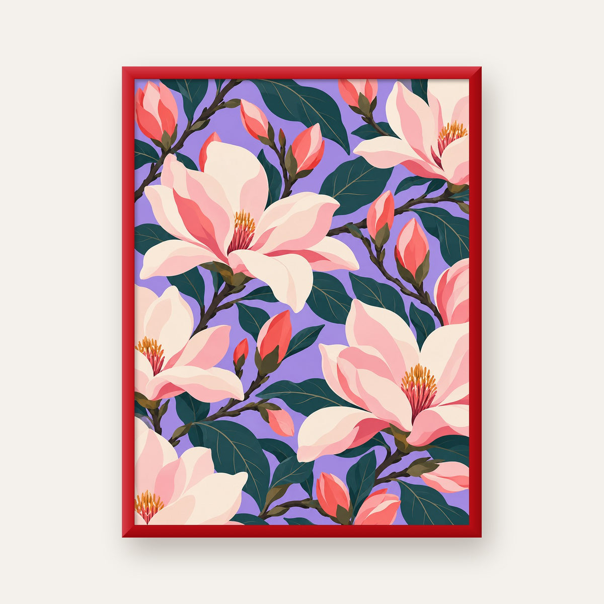 Pembe Magnolya Çiçekleri Dijital Poster - Modern Çiçek Deseni — kırmızı çerçeveli