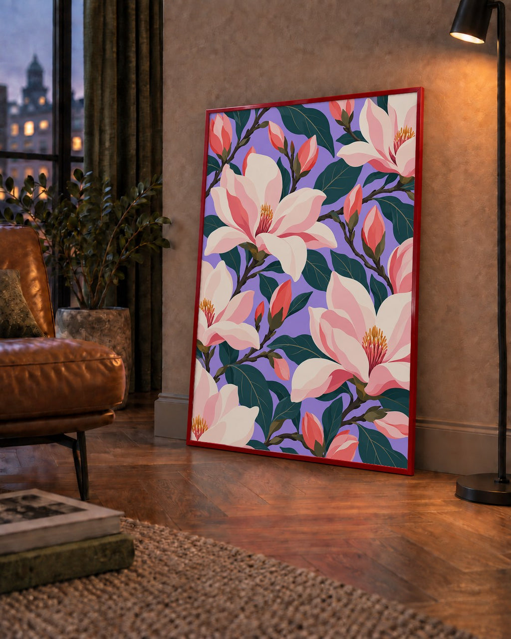 Pembe Magnolya Çiçekleri Dijital Poster - Modern Çiçek Deseni — çerçeveli hâliyle bir ev duvarında