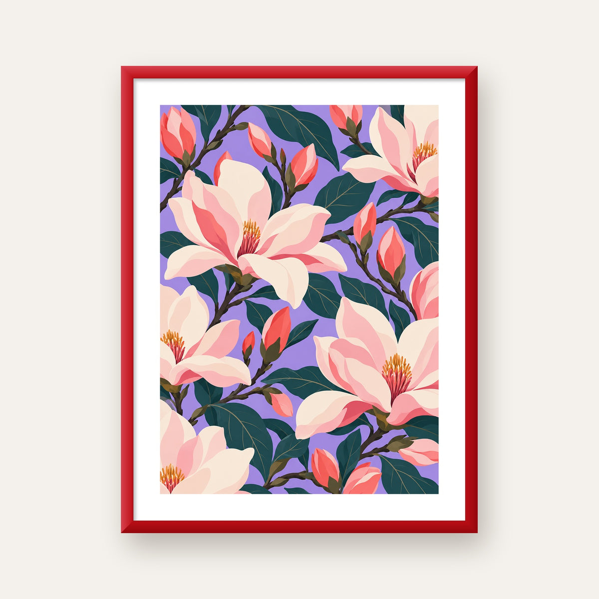 Pembe Magnolya Çiçekleri Dijital Poster - Modern Çiçek Deseni — kırmızı çerçeveli paspartulu
