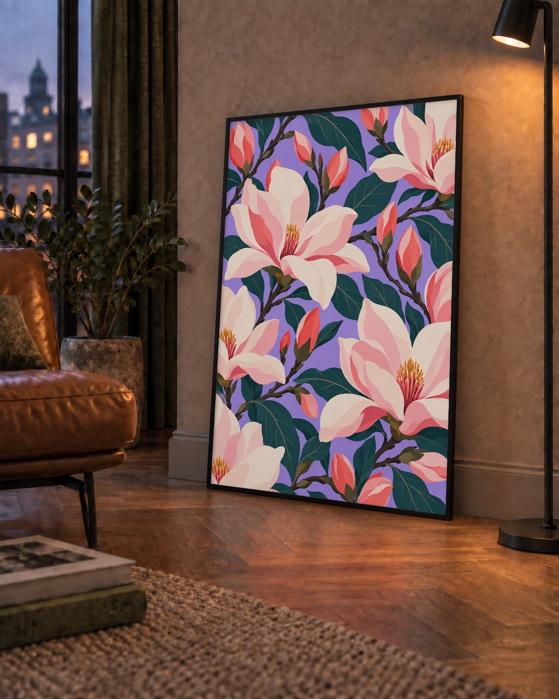 Pembe Magnolya Çiçekleri Dijital Poster - Modern Çiçek Deseni — çerçeveli hâliyle bir ev duvarında